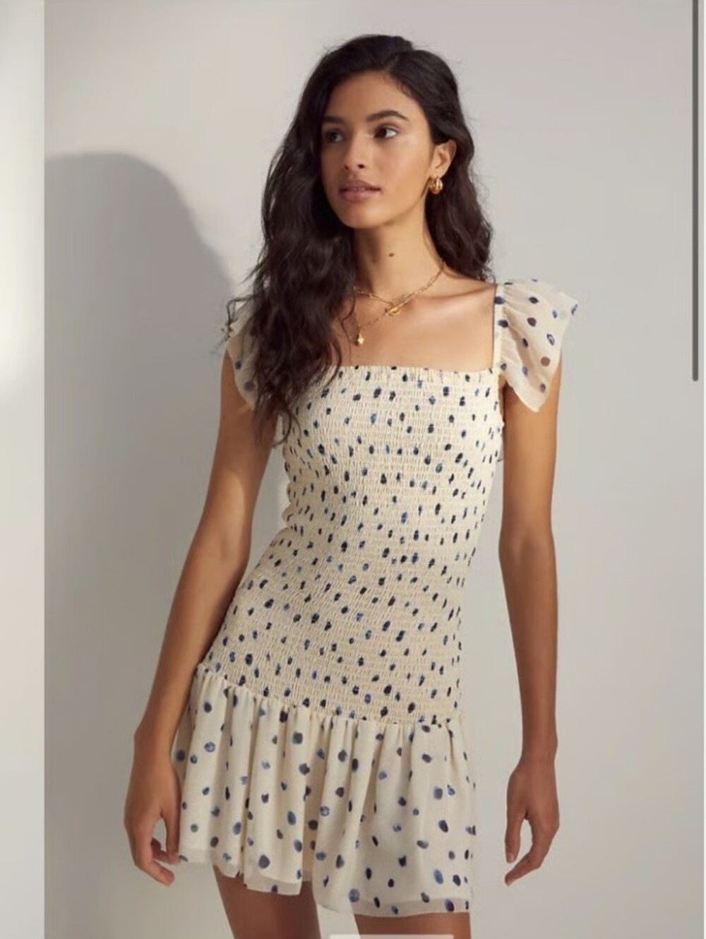 Aritzia Wilfred Eldorado Smocked Polka Dot Chiffon Mini Dress Off-White Blue XS